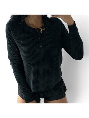 Roxy Black Waffle Knit Henley Thermal Top Size S/P